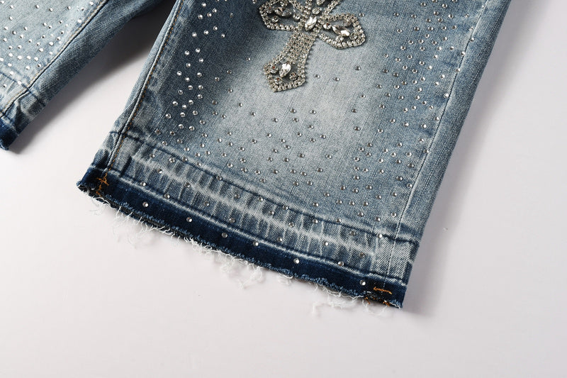 Purple Brand Crystal Diamond Denim Shorts #5098