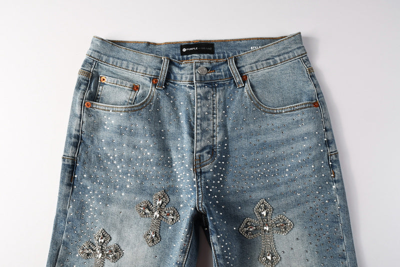 Purple Brand Crystal Diamond Denim Shorts #5098